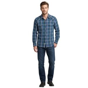 Gap 1969 Mens Slim Fit Western Flannel Plaid Snap Button Shirt Blue‎ Green Small